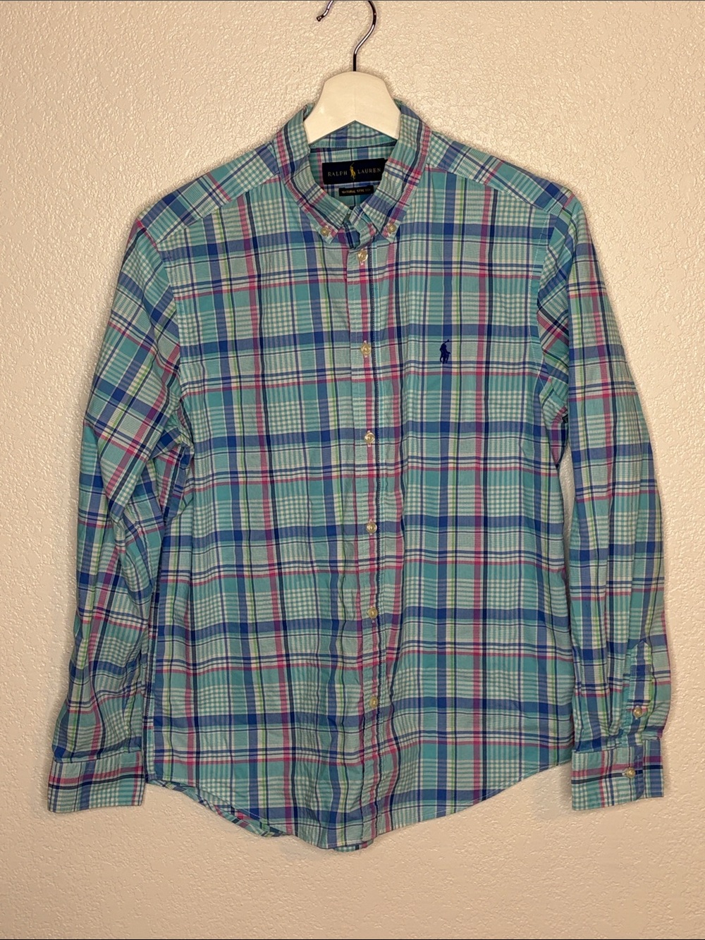 Ralph Lauren Blue Pastel Plaid Natural Stretch Button Down Shirt Size XL (18/20)
